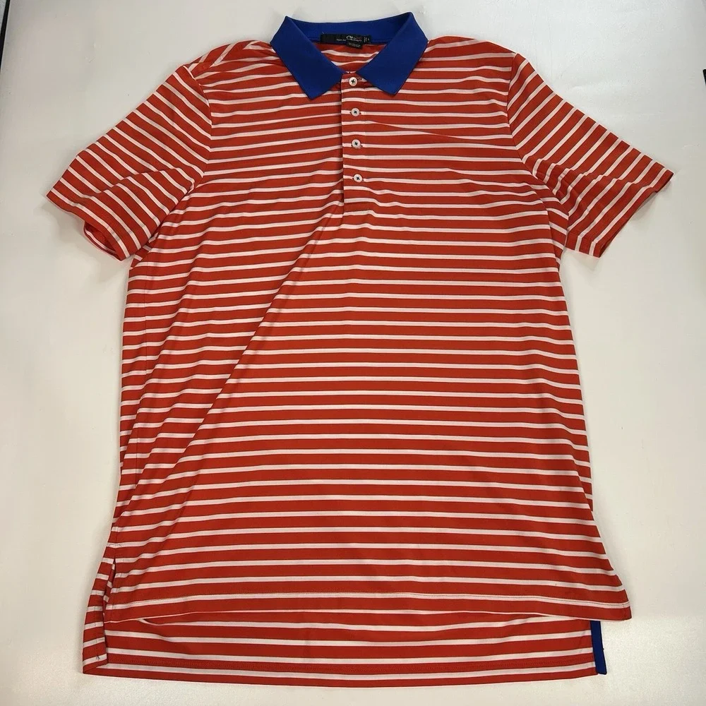 RLX Ralph Lauren Polo Shirt Mens Large Orange Striped Short Sleeve Performance